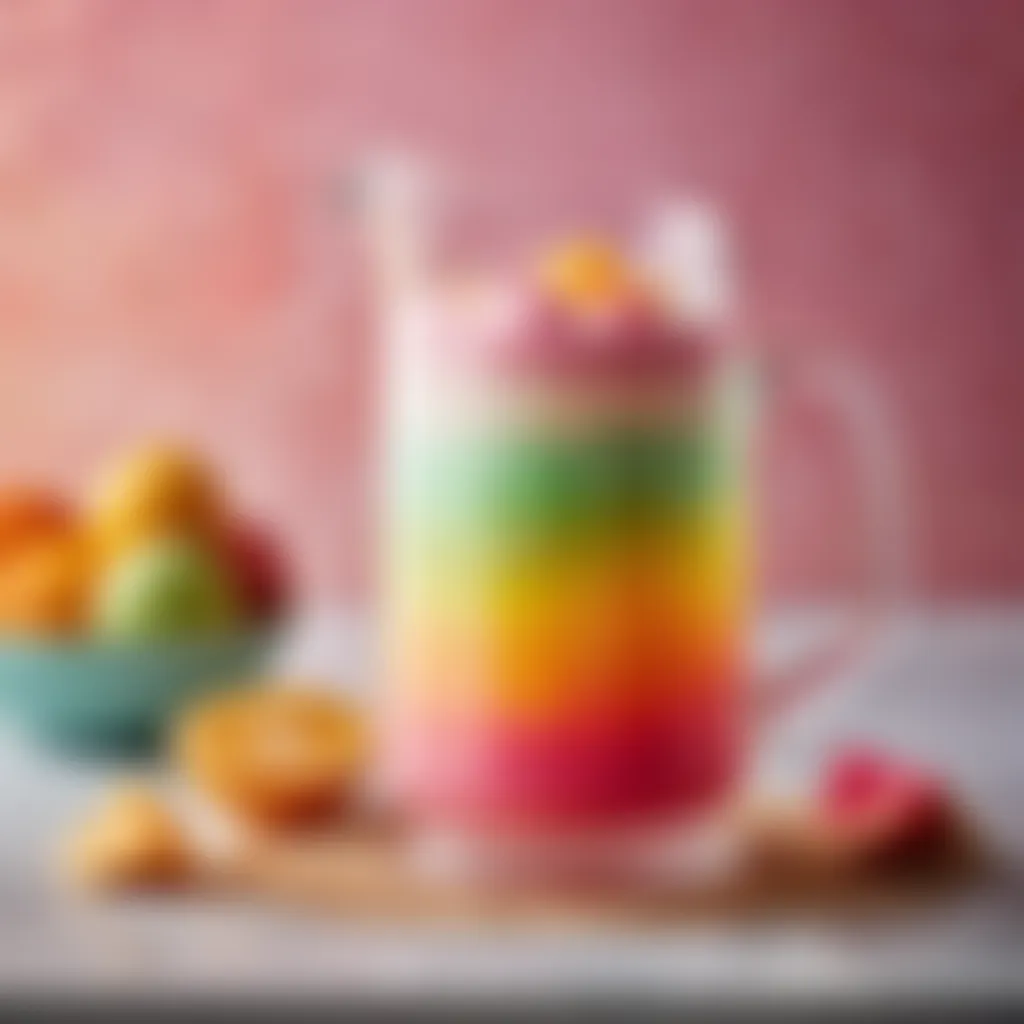 A glass pitcher filled with colorful sherbet drink layers