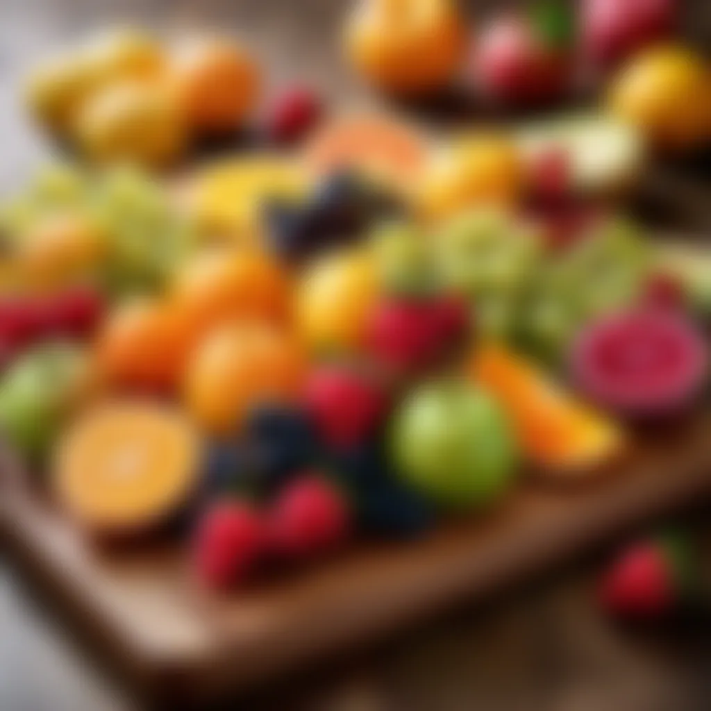 A vibrant array of fresh fruits on a wooden cutting board