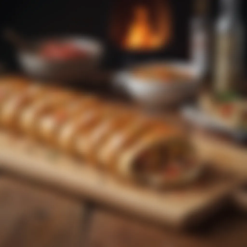 Exquisite stromboli presentation on a rustic wooden board