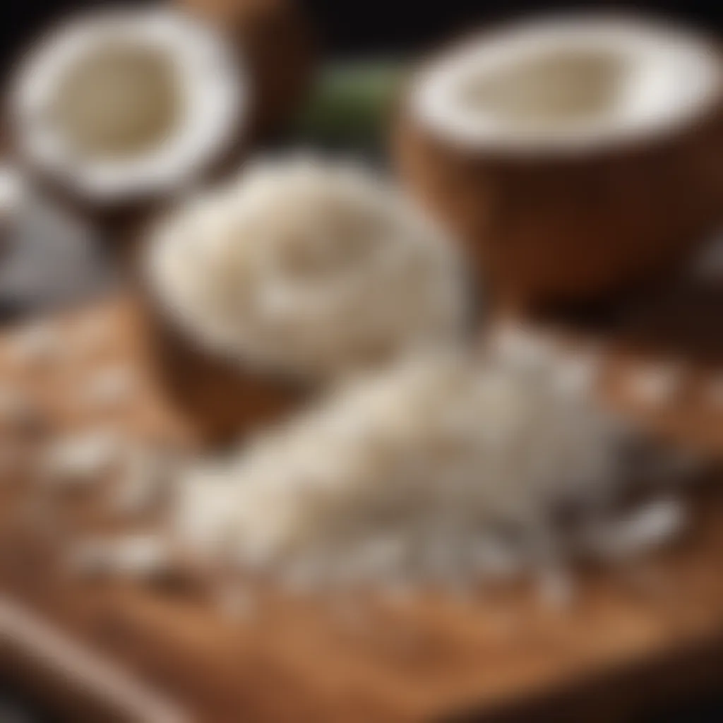 Fresh coconut shavings on a wooden cutting board