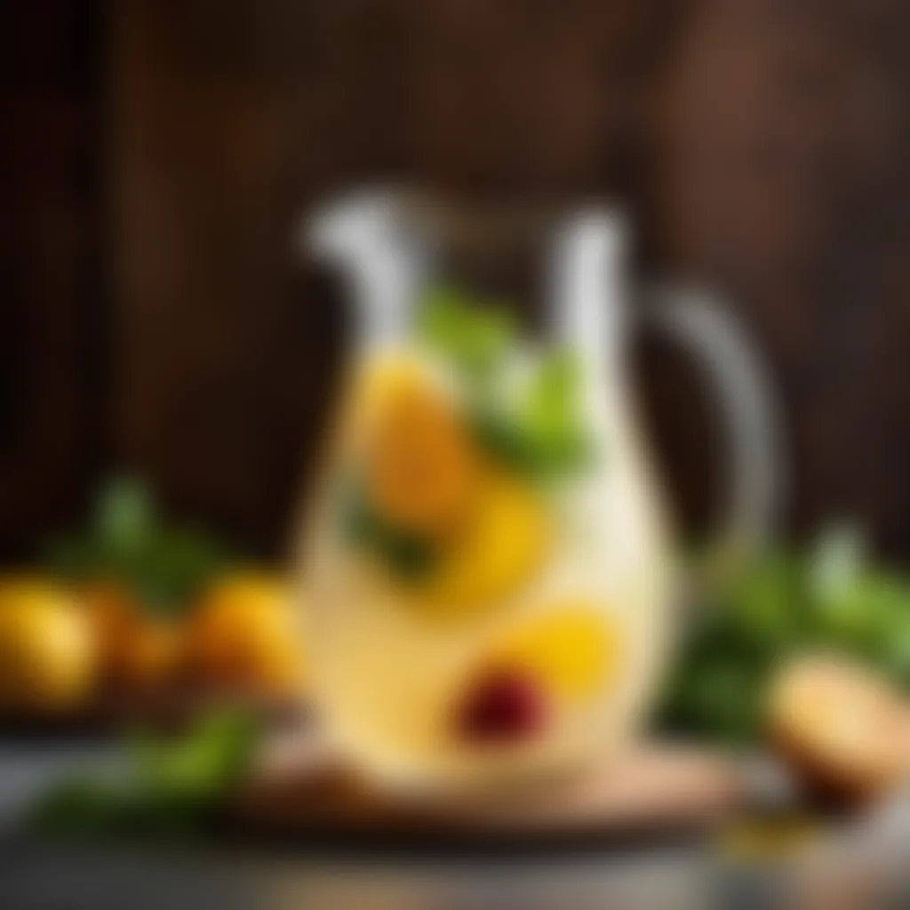 Beautifully garnished white sangria pitcher with mint leaves and citrus slices