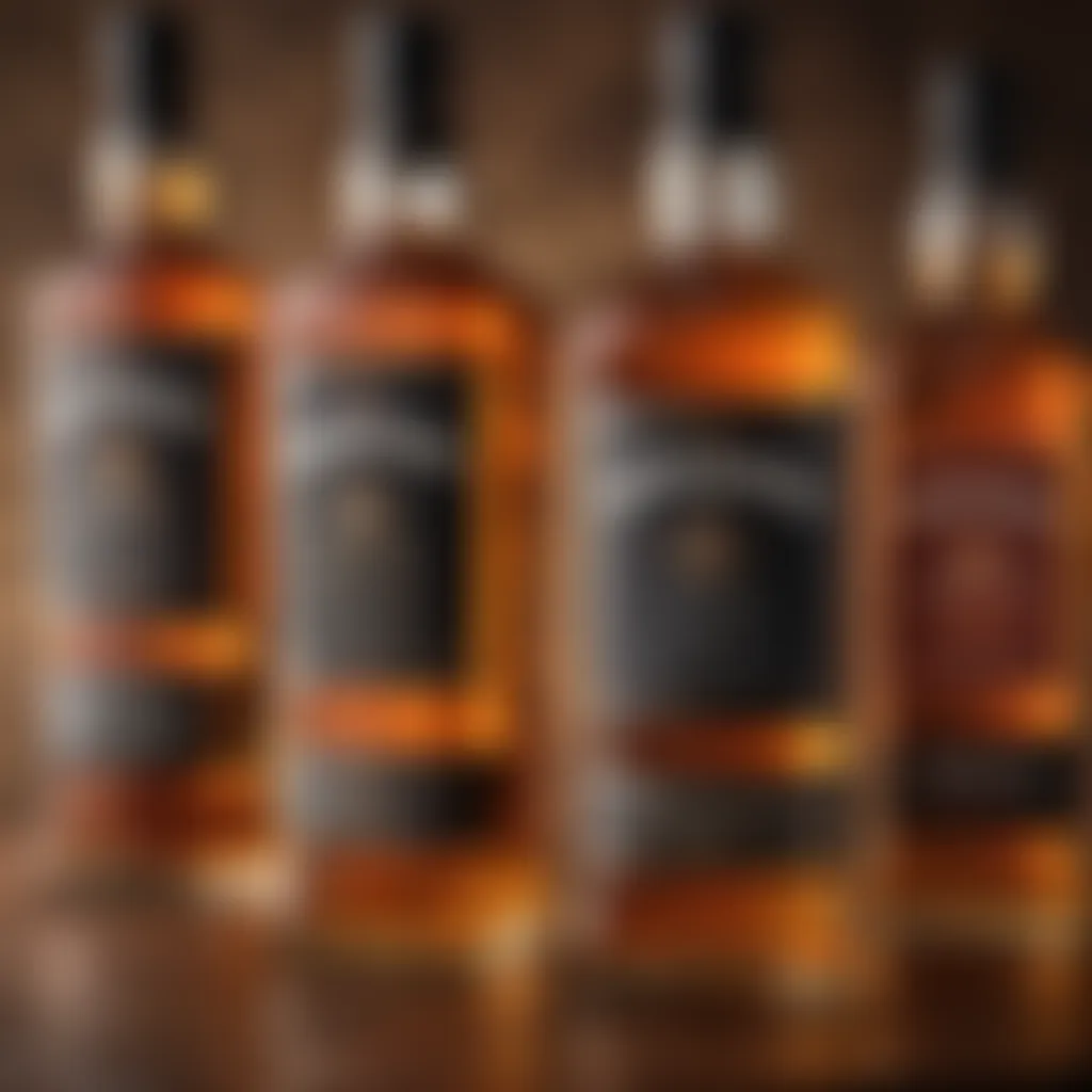 Close-up of whisky bottles showcasing various brands and ABV labels