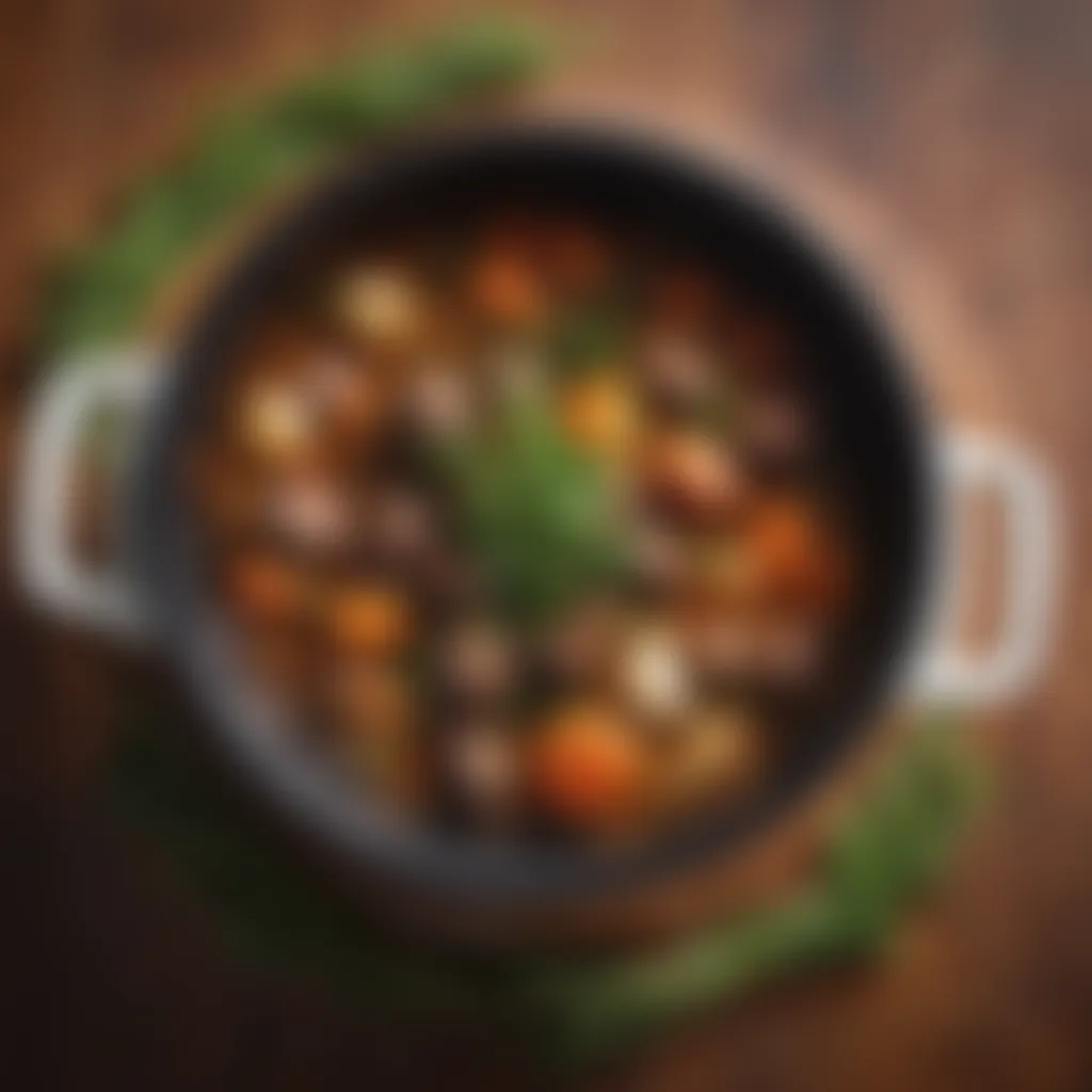 Close-up of tender beef stew with fresh herbs