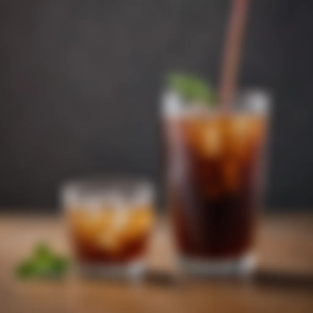 A close-up look at Chameleon Cold Brew coffee in a glass with ice, showcasing its rich color and texture.