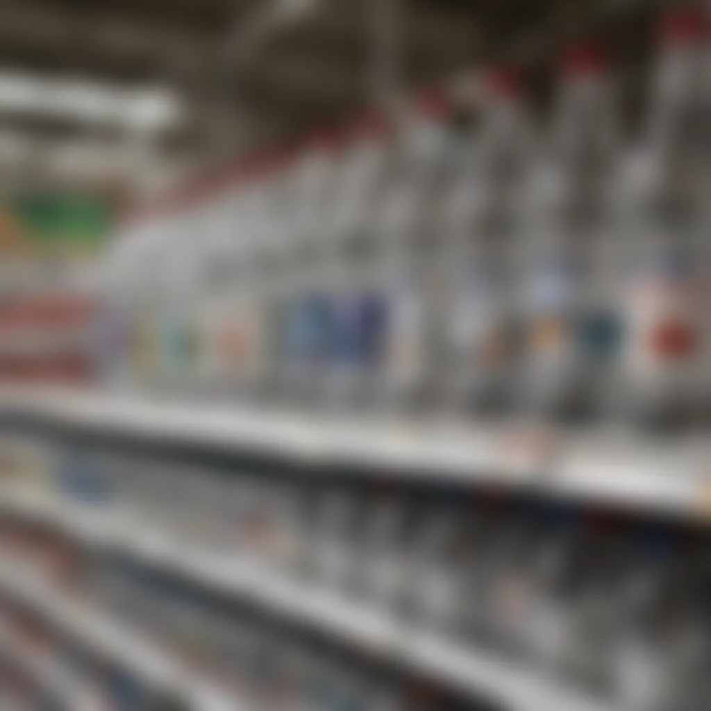 Variety of distilled water bottles displayed on a Costco shelf