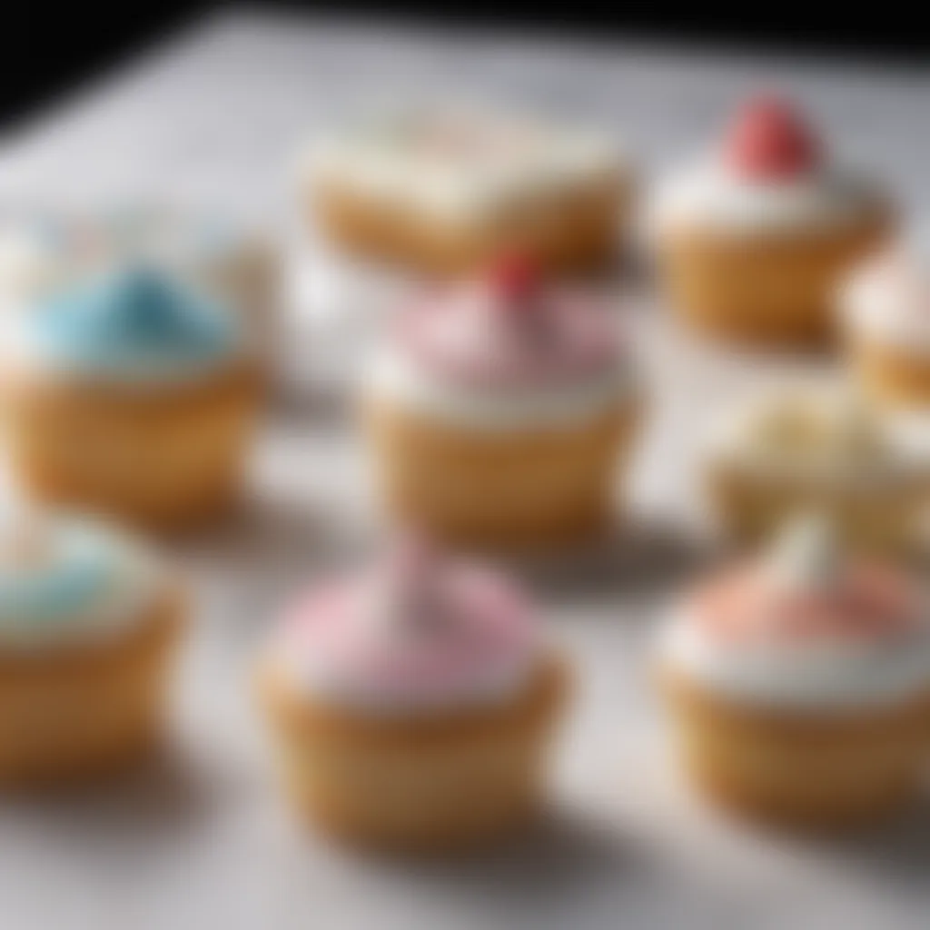 An artistically arranged set of baked goods featuring decorative icing pen applications