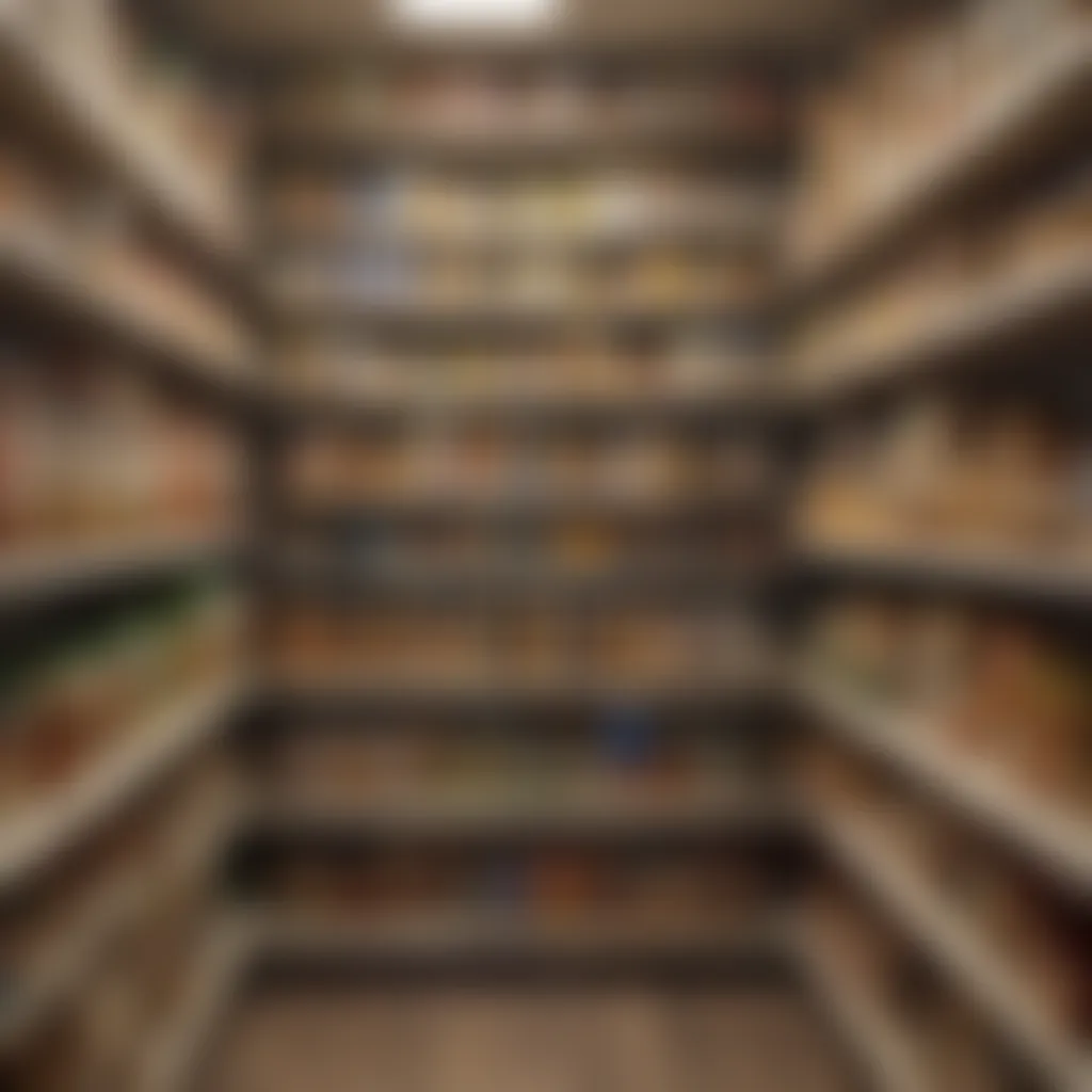 A well-organized food pantry with various healthy food items visible.