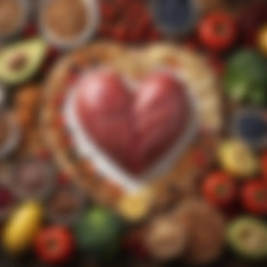 The Connection Between Good Fats and Heart Health A heart with a backdrop of healthy foods emphasizing cardiovascular health