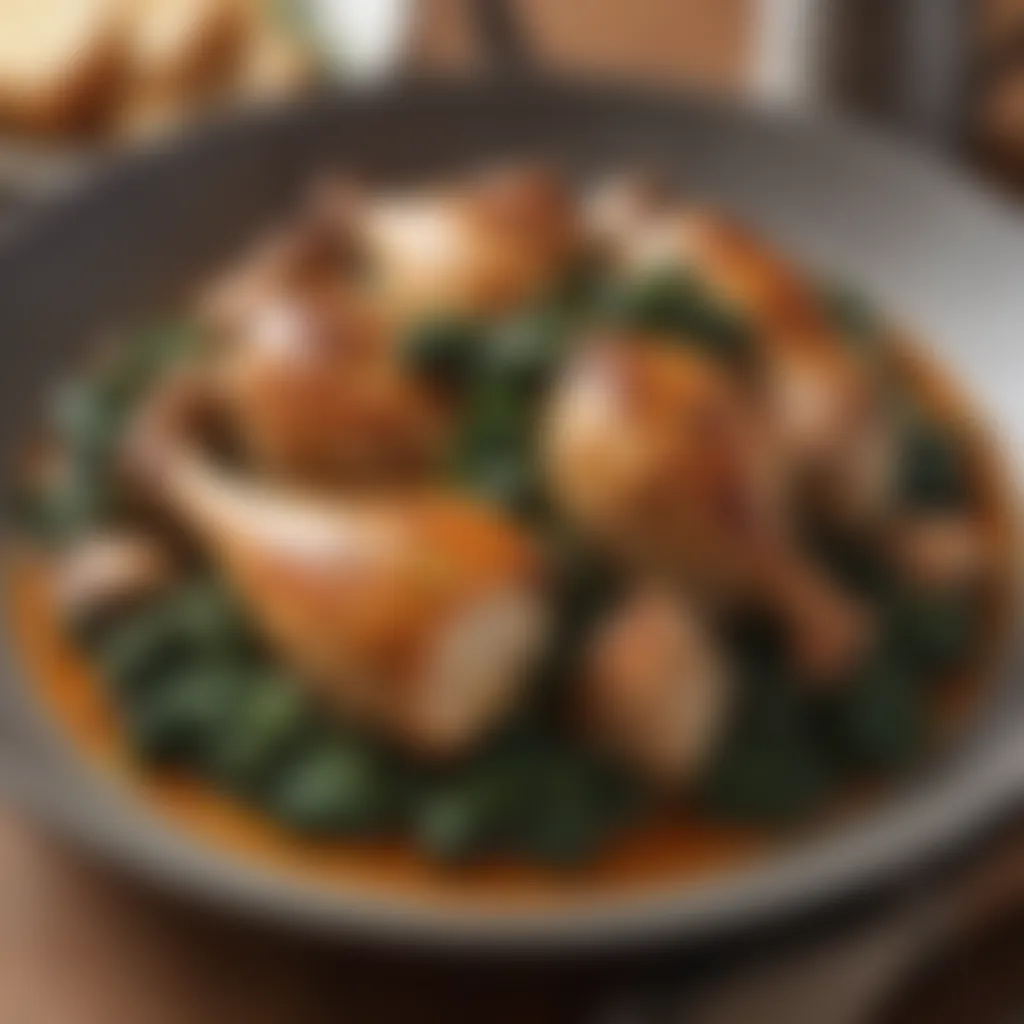 Close-up of tender chicken pieces in a spiced spinach sauce