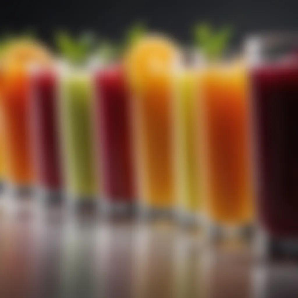 A vibrant array of freshly squeezed juices in glasses, showcasing different colors and textures.