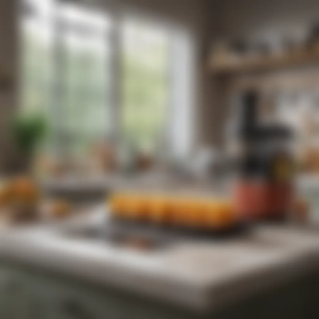 An organized kitchen setup featuring a natural juice machine and recipe books.