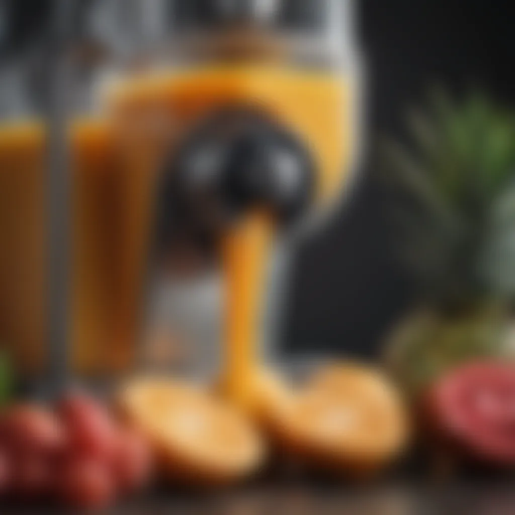 Close-up of tropical fruits being juiced in a natural juice machine.