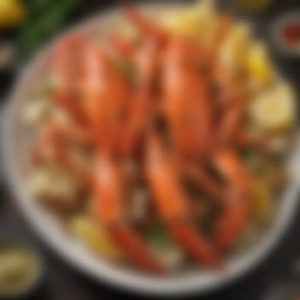 Close-up of cooked crab legs garnished with herbs and spices