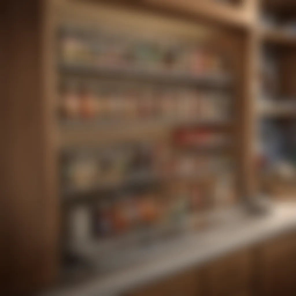 A person installing a slide-out spice rack inside a kitchen cabinet.