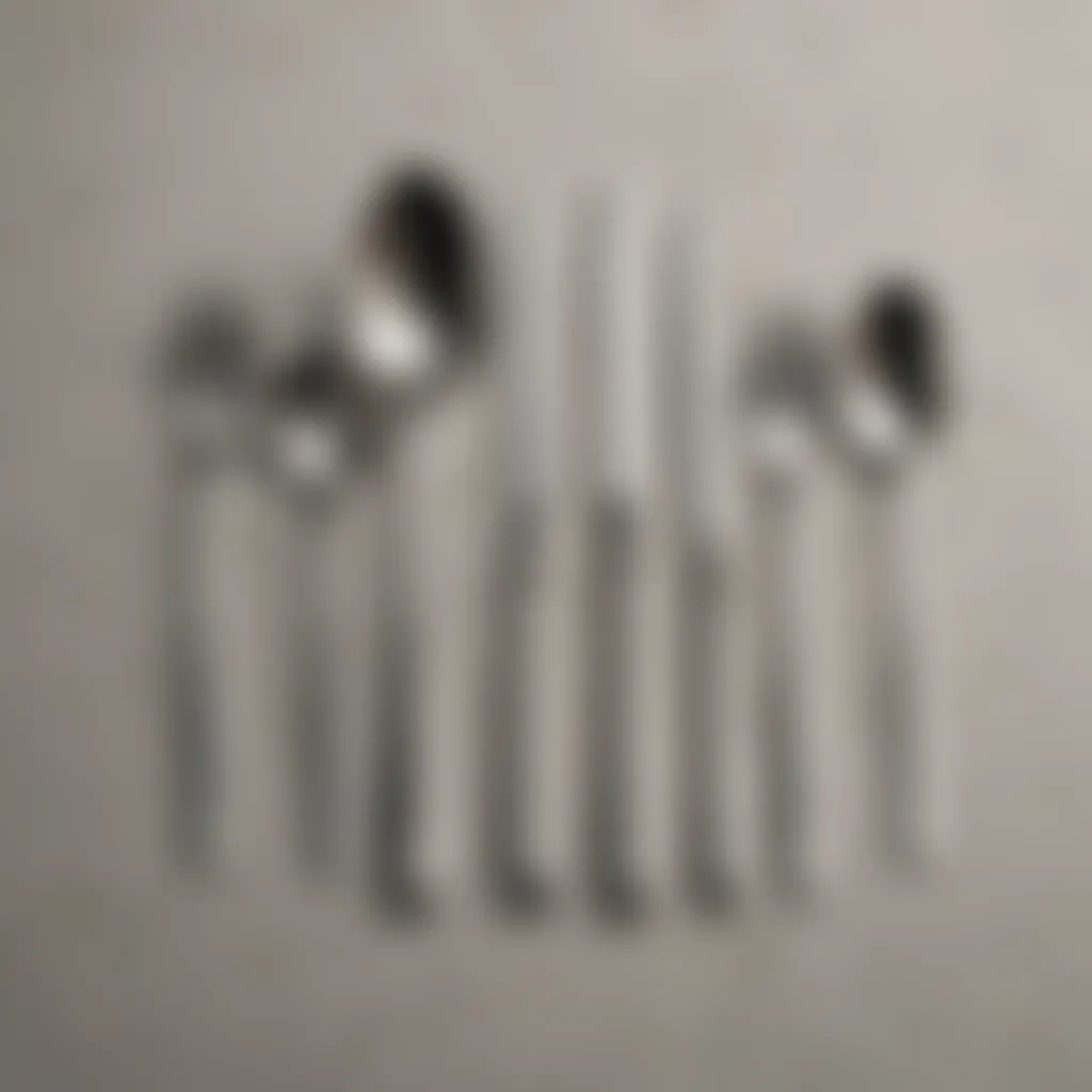 Variety of stainless steel flatware designs laid out for comparison