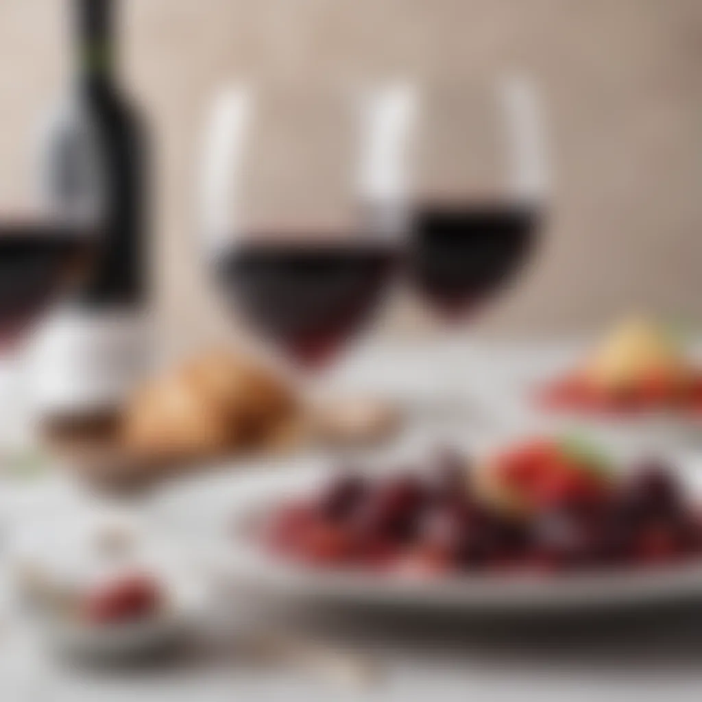 An elegant dining setup featuring sweet red wine and gourmet dishes