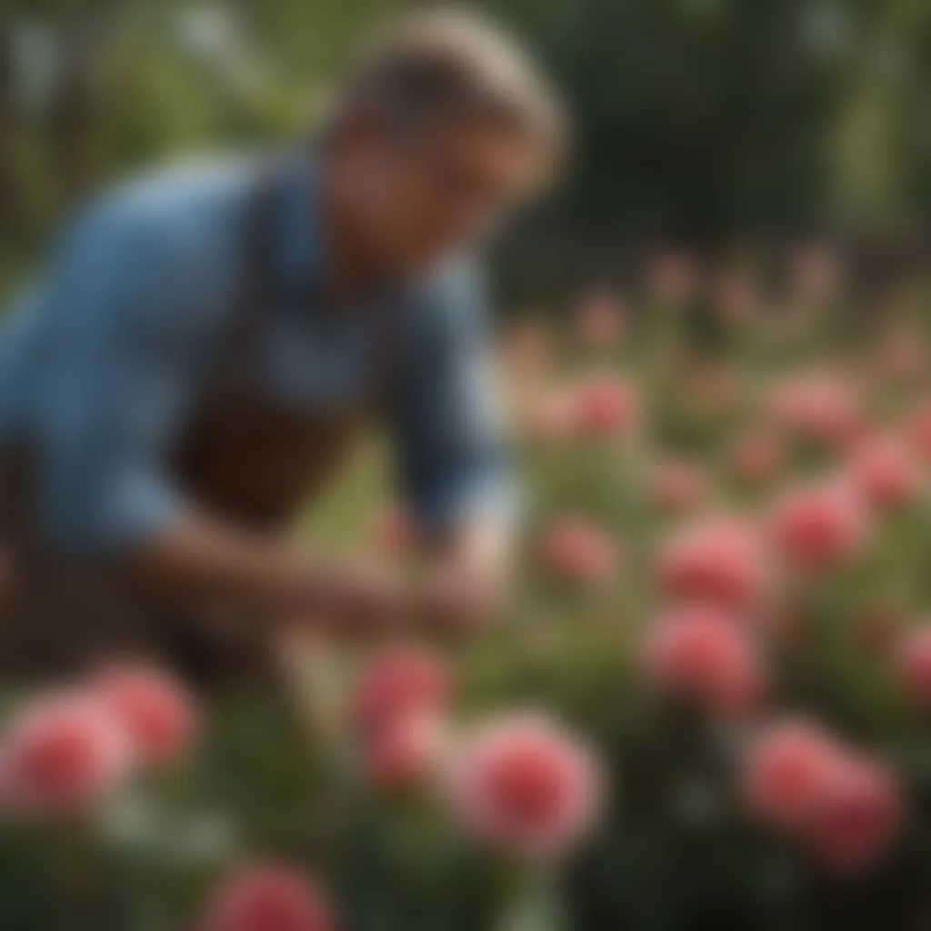 An expert gardener tending to roses, demonstrating proper care techniques