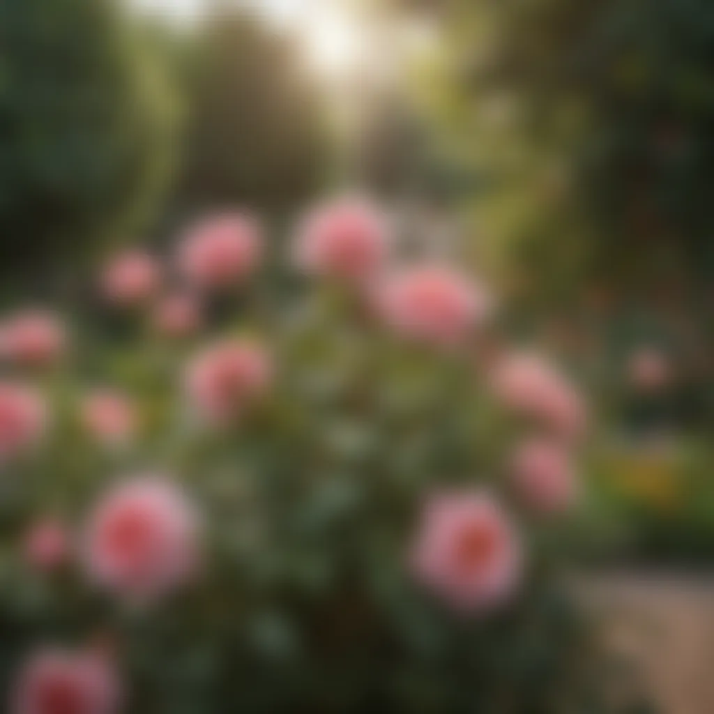 A serene garden landscape filled with blooming roses in different stages of growth