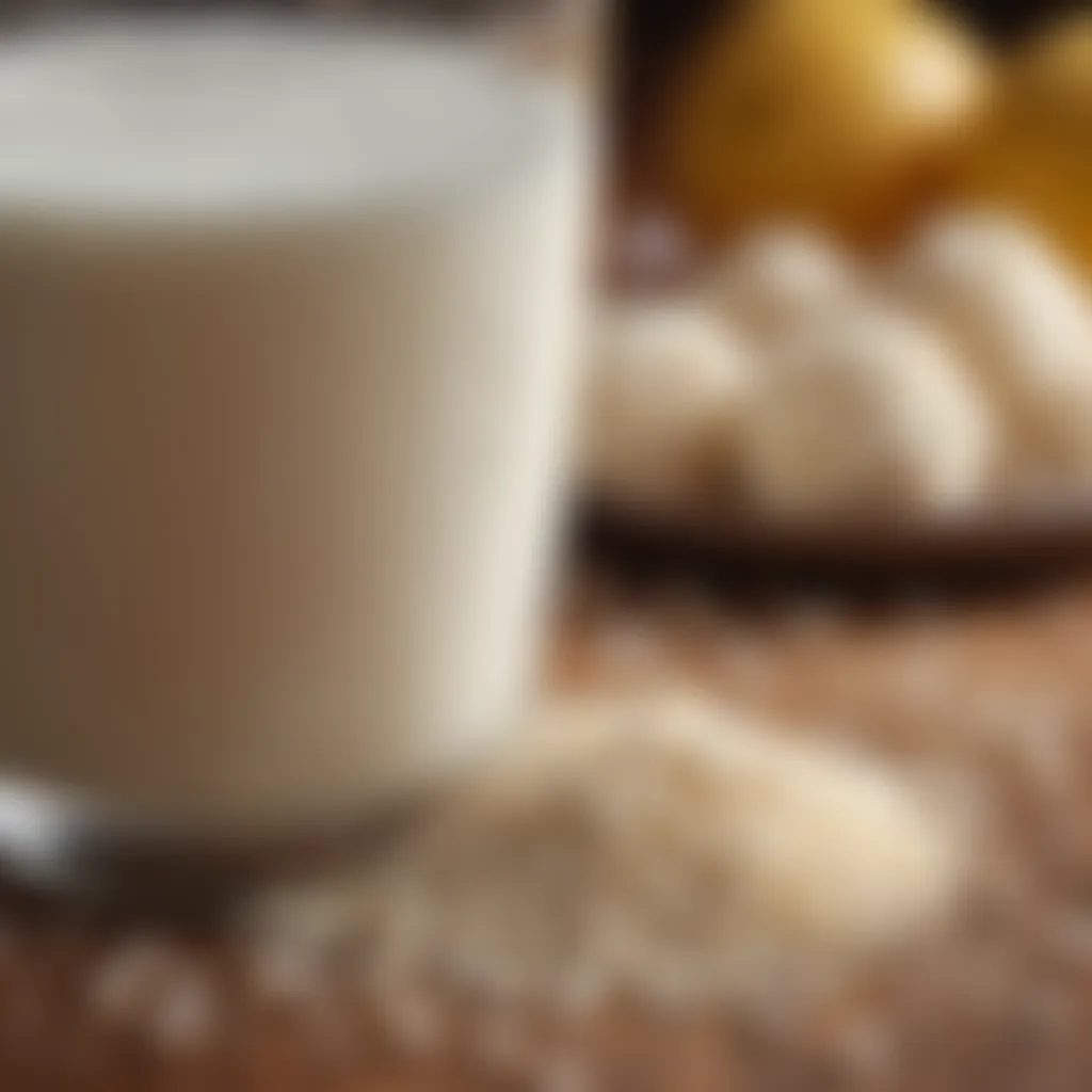 A close-up of a glass of refreshing kefir surrounded by grains