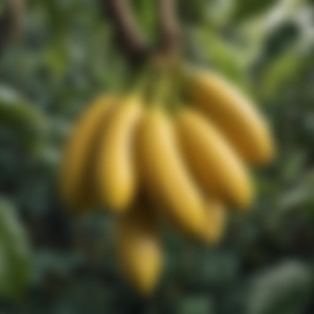 A cluster of ripe Japanese bananas hanging from a tree in lush greenery.