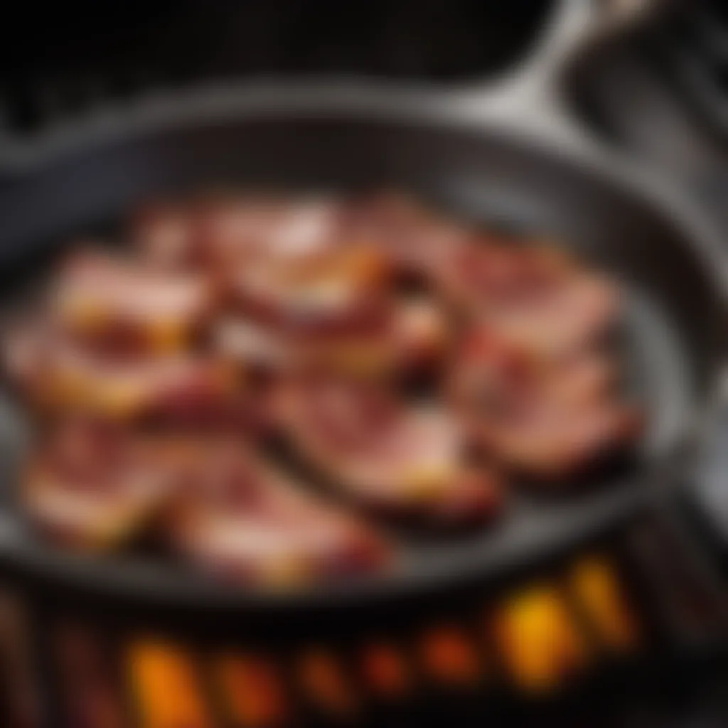 Bacon sizzling in a cast-iron skillet