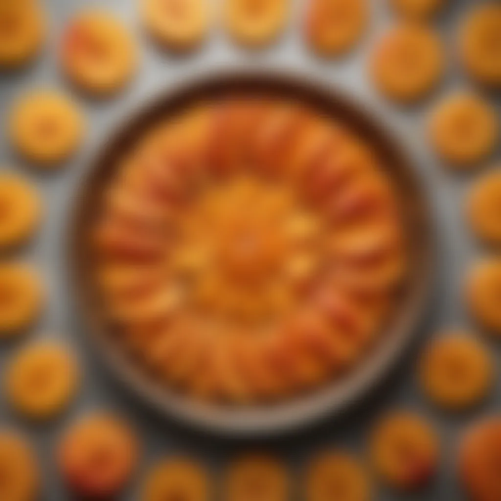 Glistening peach slices arranged in a circular pattern in a cake pan