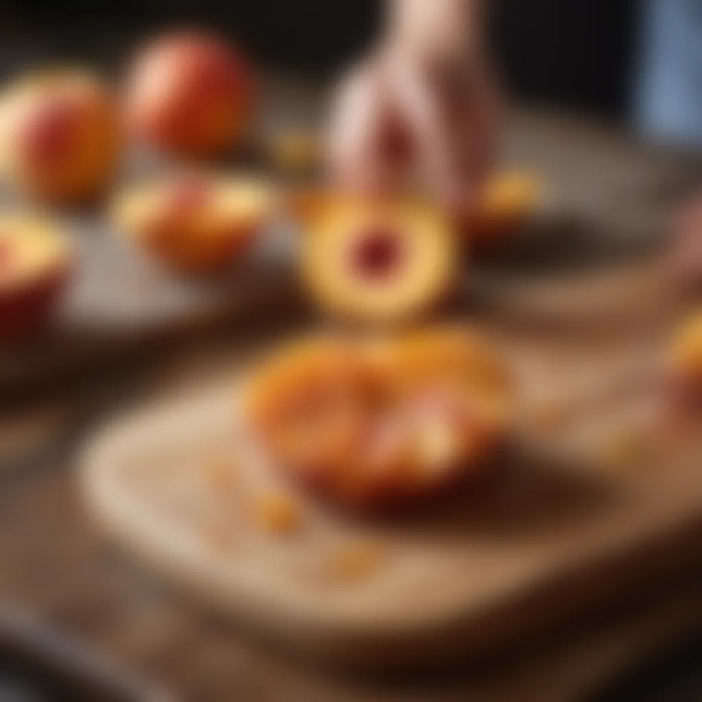 Peaches being carefully sliced on a wooden cutting board