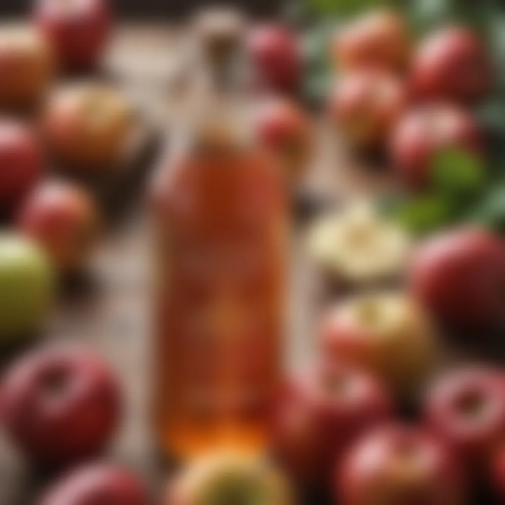 Close-up of apple cider vinegar in a glass bottle surrounded by fresh apples