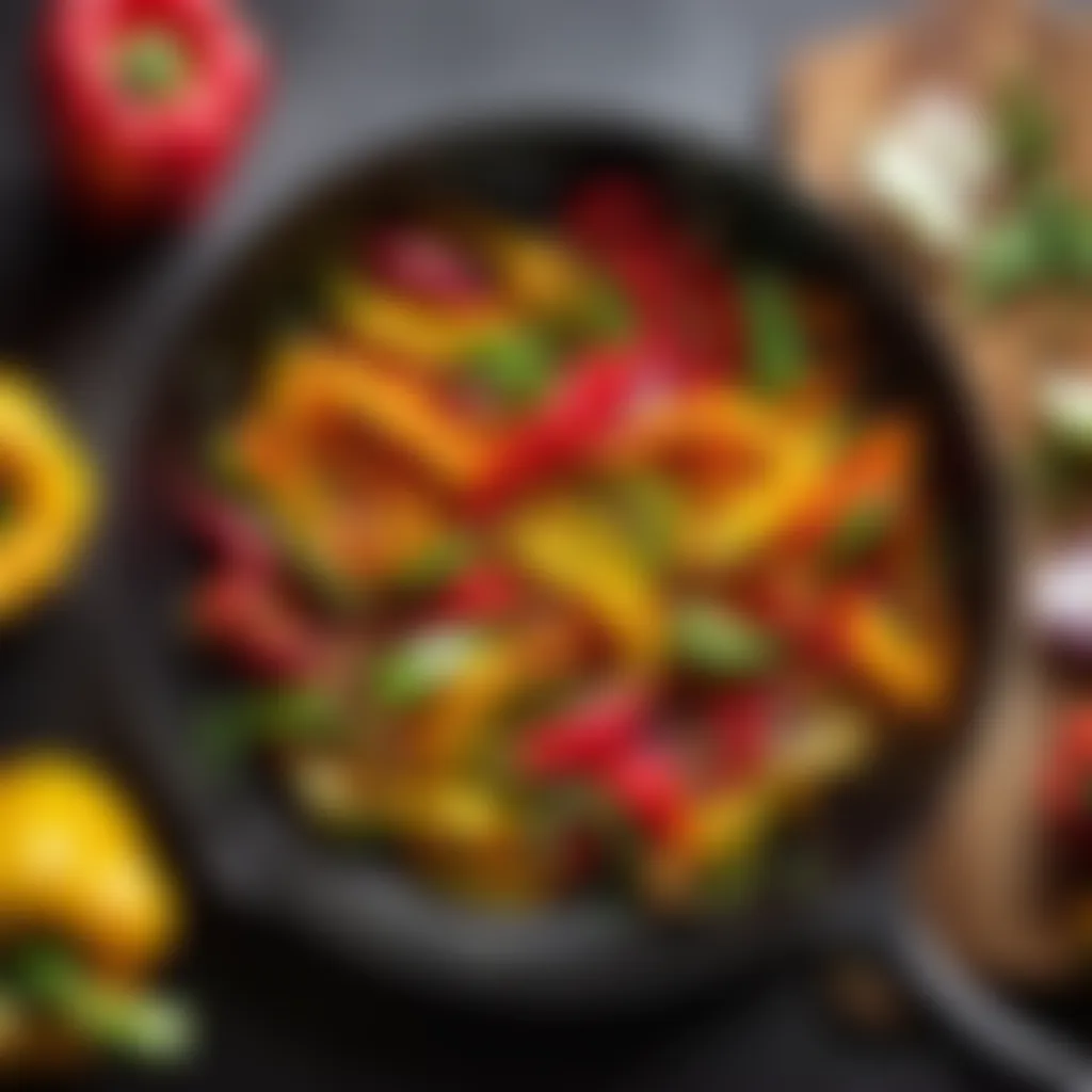 Colorful bell peppers and onions sautéing in a skillet