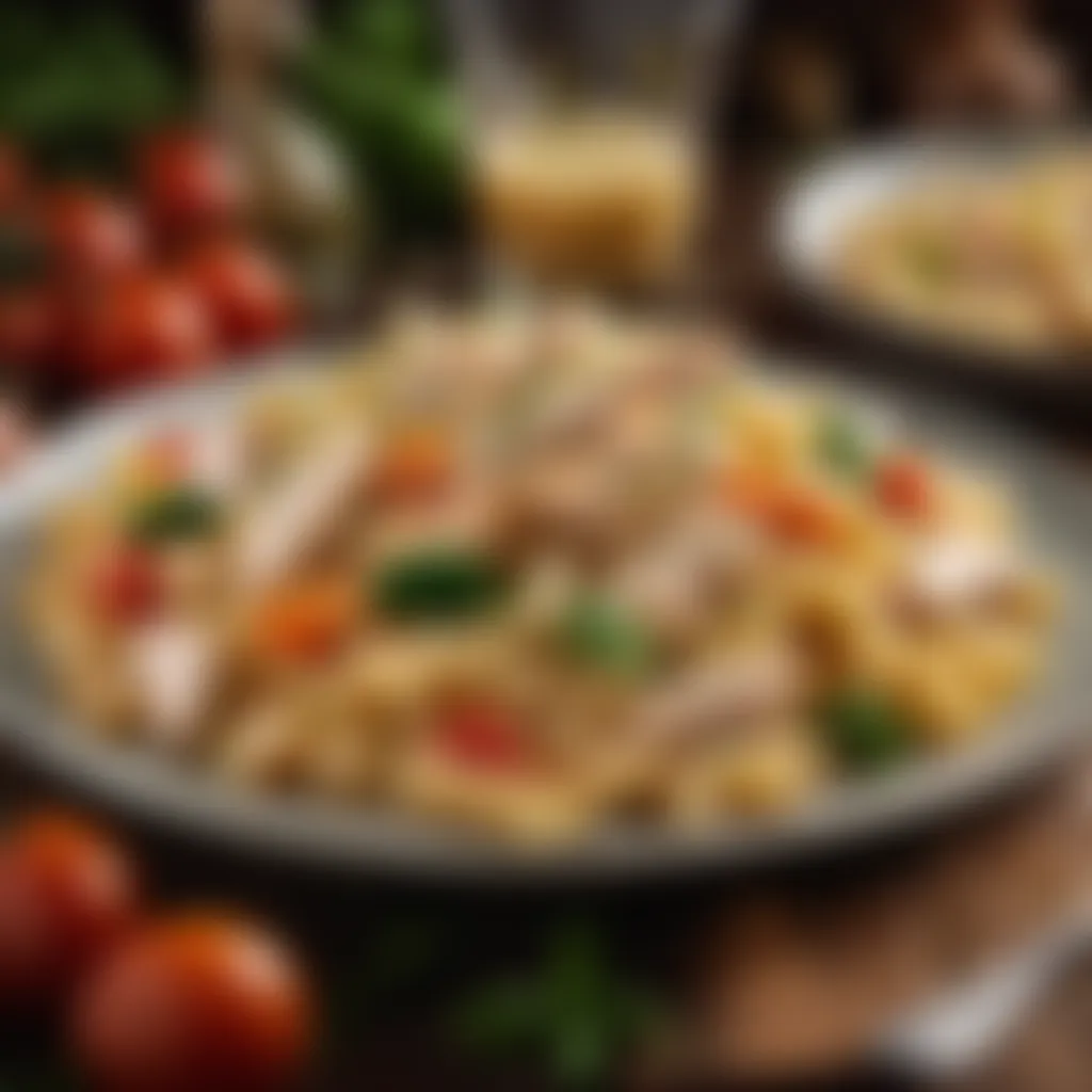 Creamy pasta tossed with tender chicken and vegetables