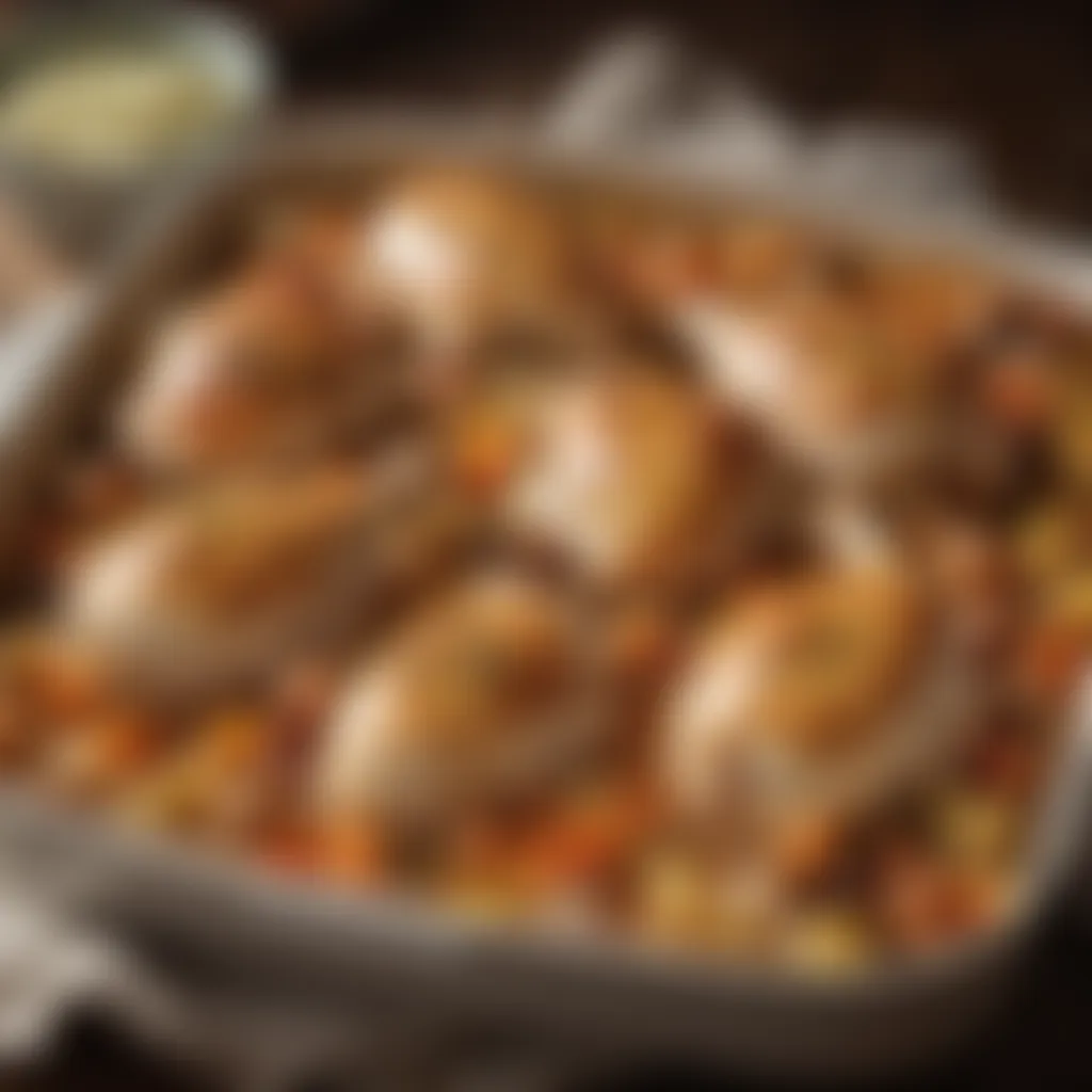 A warm casserole dish filled with chicken and mixed ingredients, ready to bake