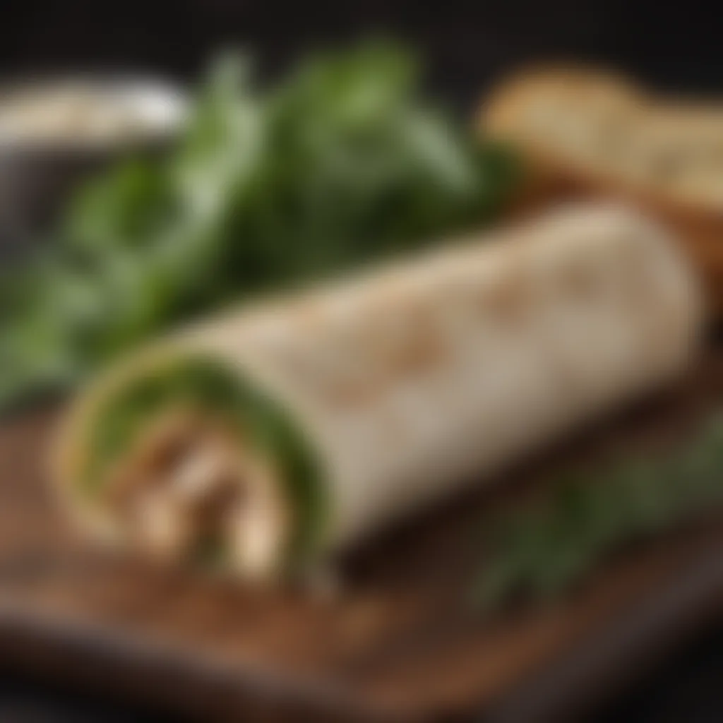 A gourmet wrap featuring chicken breast and an array of fresh greens