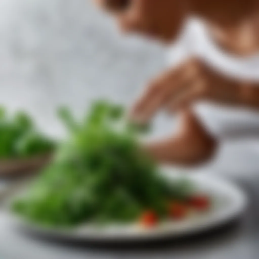 A woman garnishing the vegan dish with fresh herbs