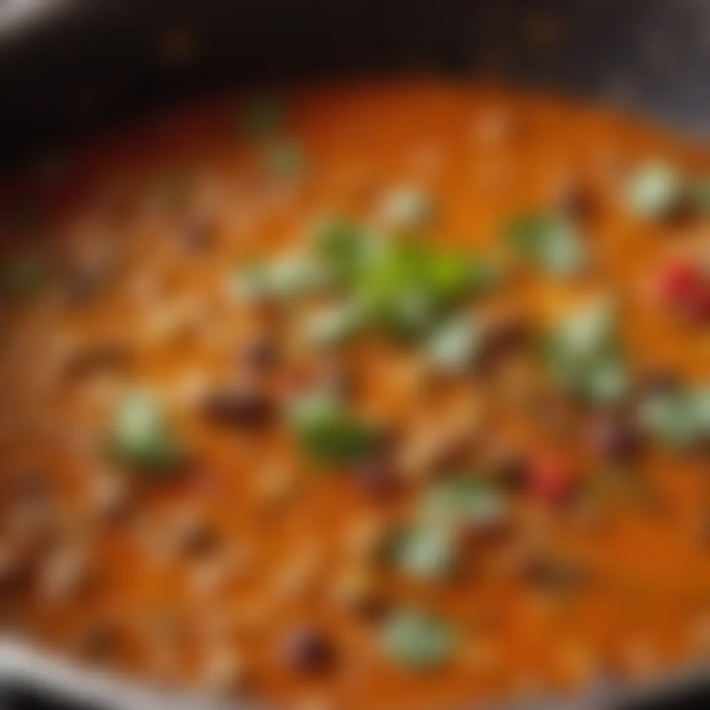 A close-up of a pot simmering with flavorful spices