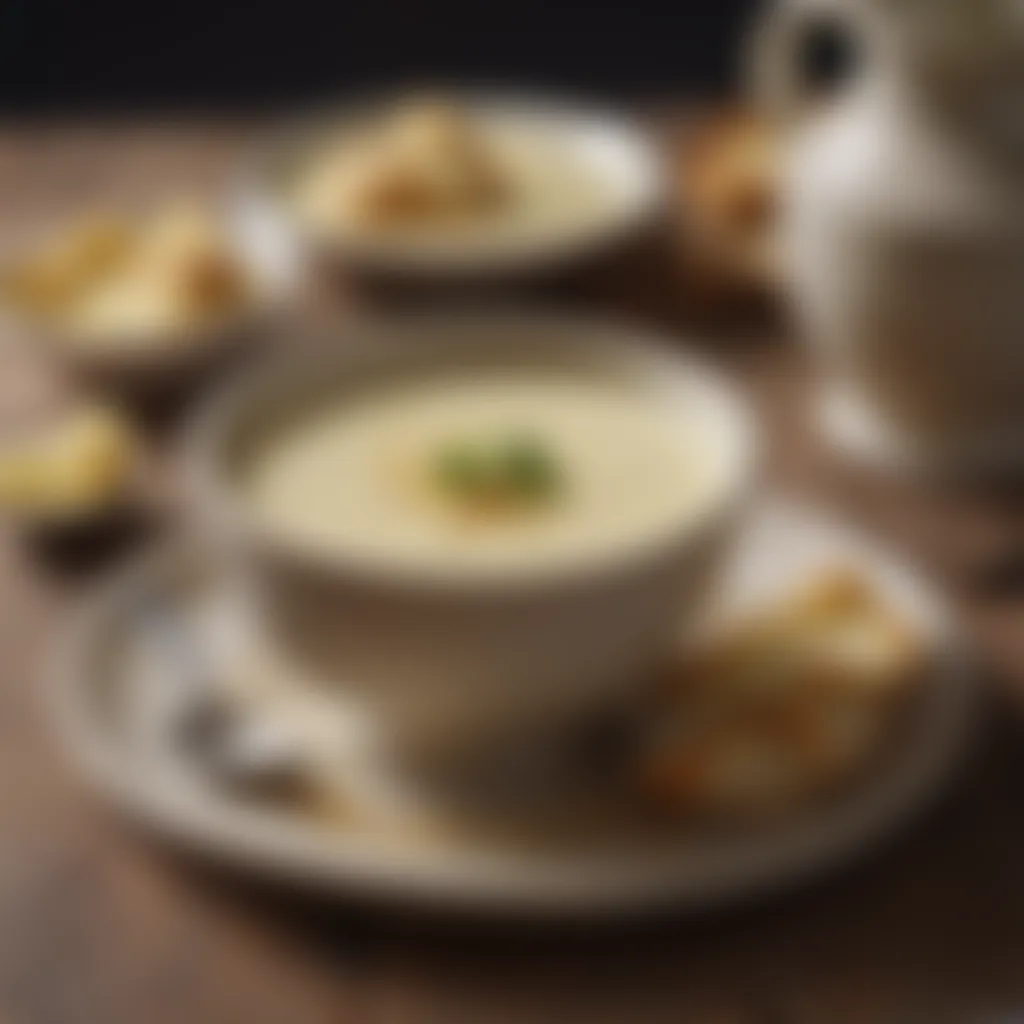 Creamy Avgolemono soup in elegant Greek pottery