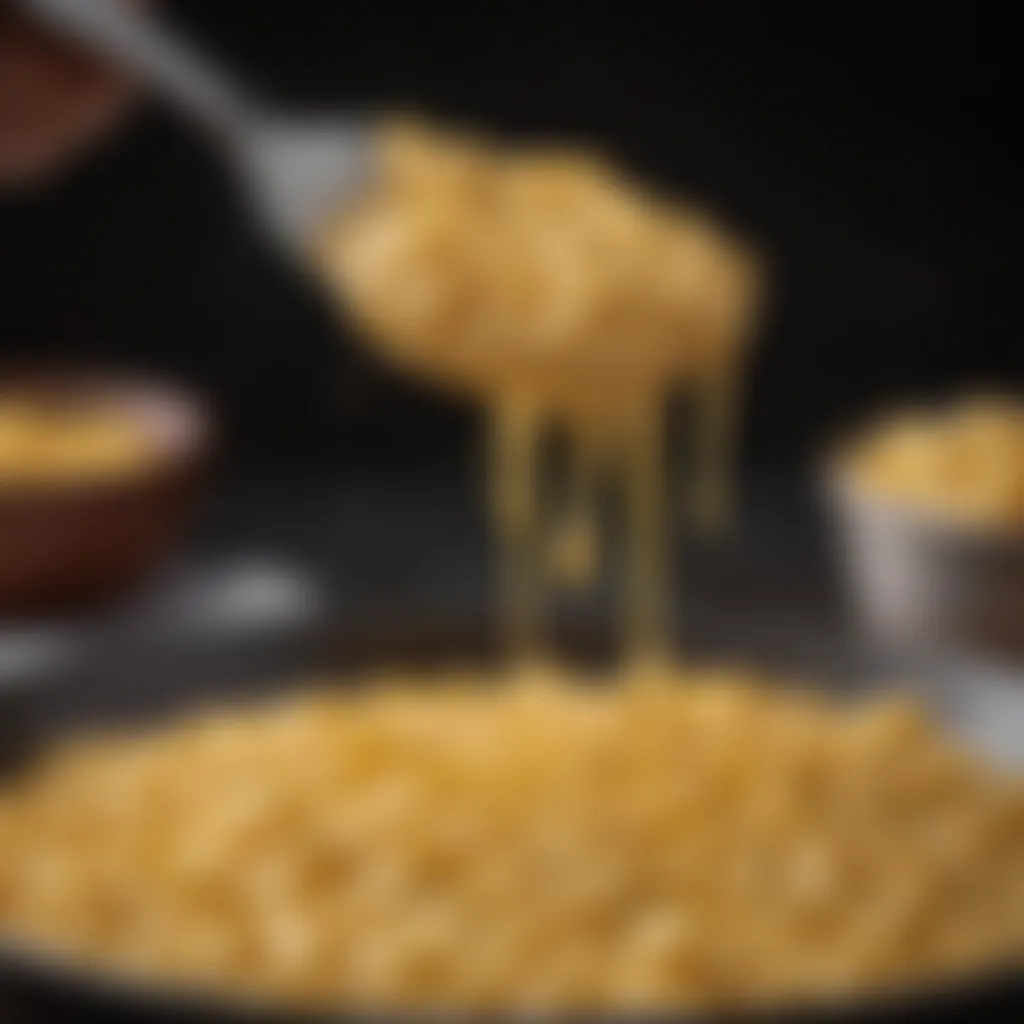 Smooth and velvety cheese sauce drizzling over cooked macaroni