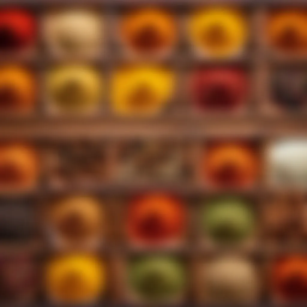 Vibrant assortment of colorful whole spices on a wooden tray