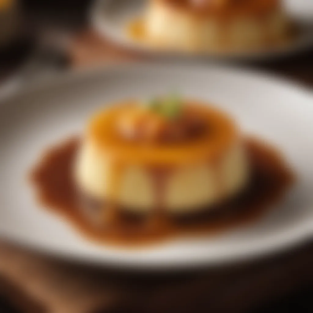 Artistic shot of vibrant Mexican flan with caramel drizzle