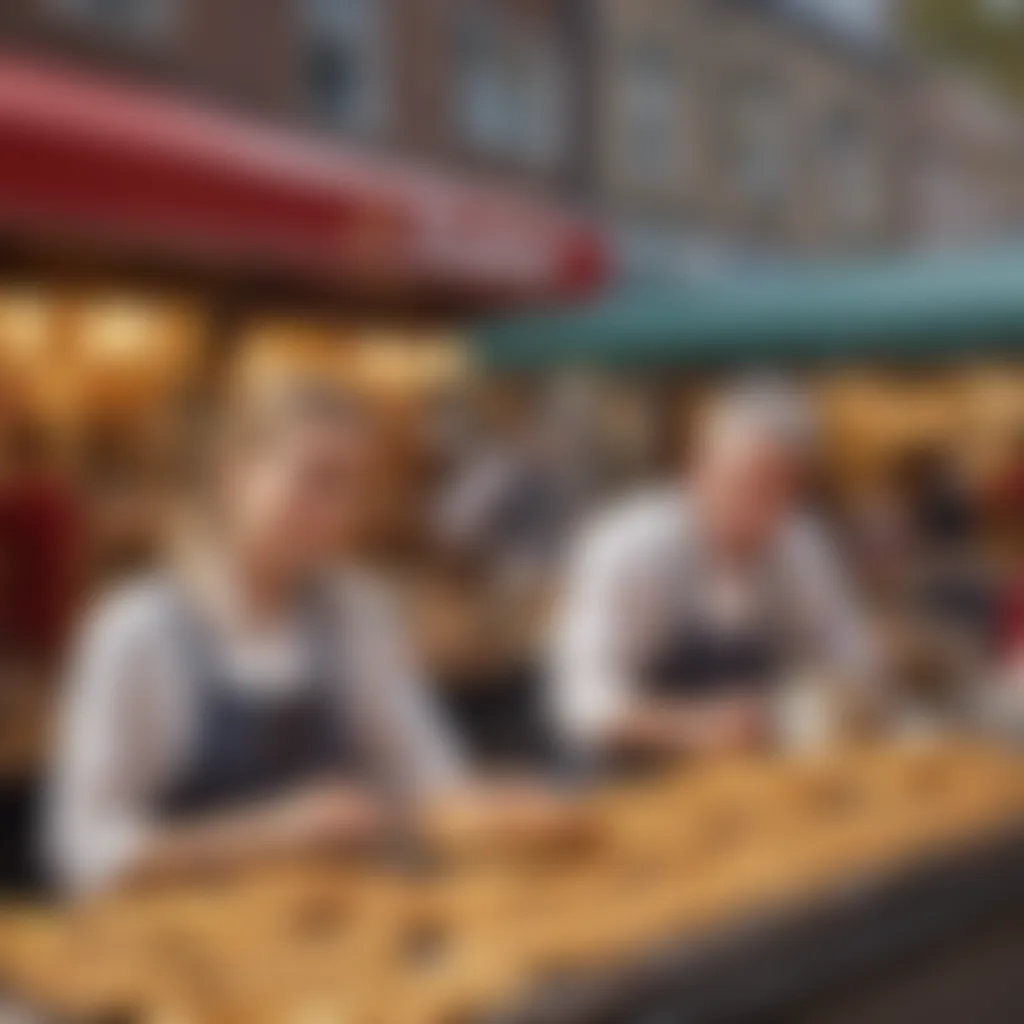 A bustling Belgian market showcasing waffle vendors