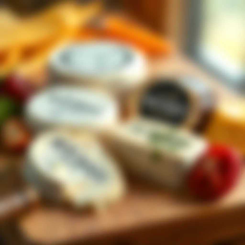 A close-up of Boursin cheese varieties on a wooden cheese board