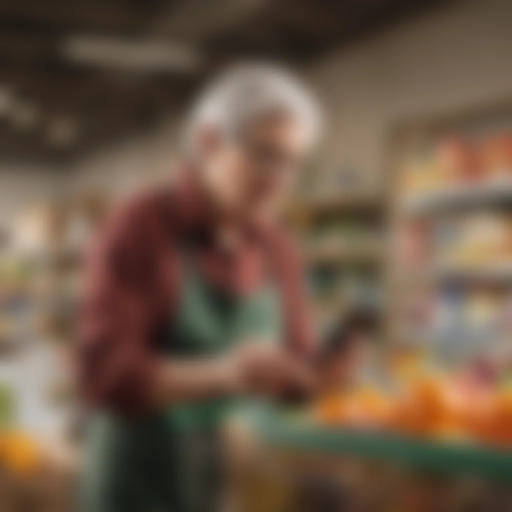 Elderly person using a smartphone for grocery shopping