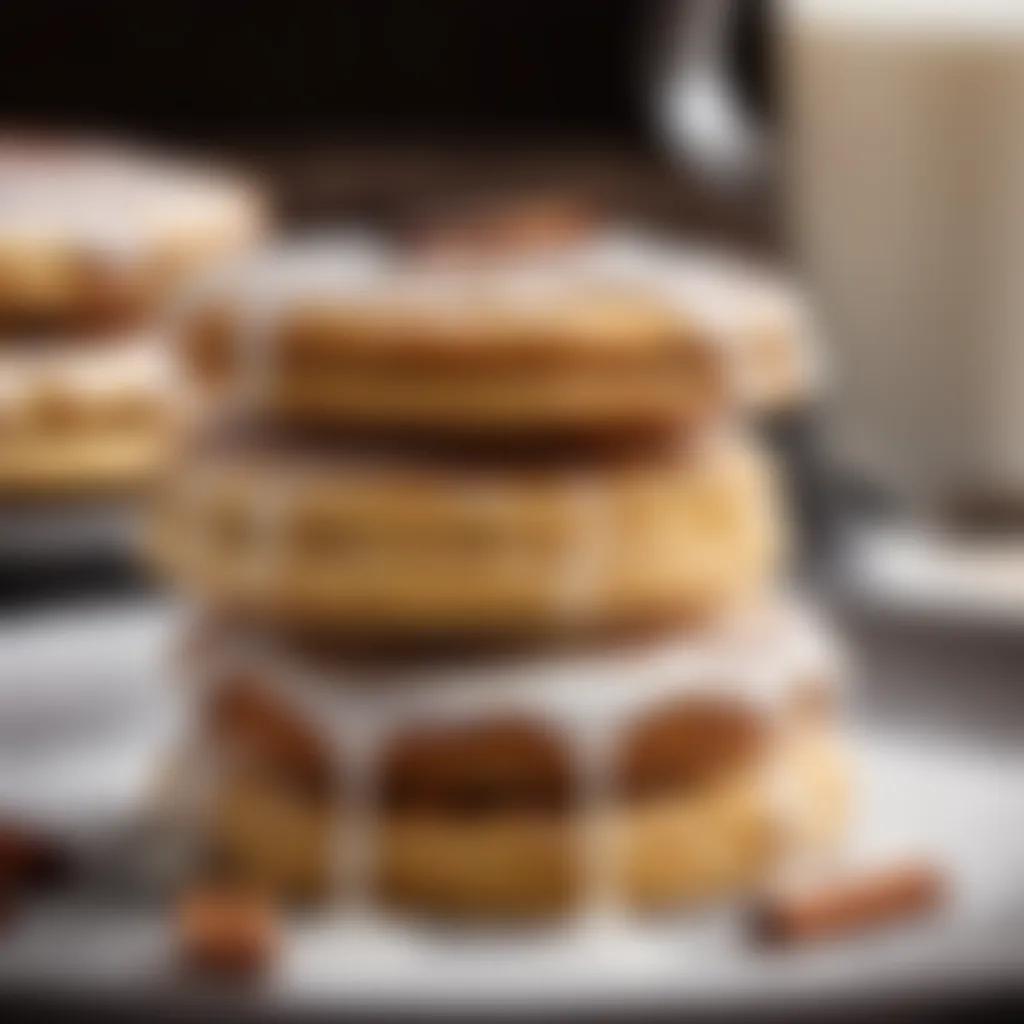 Stack of warm cinnamon biscuits with a drizzle of icing