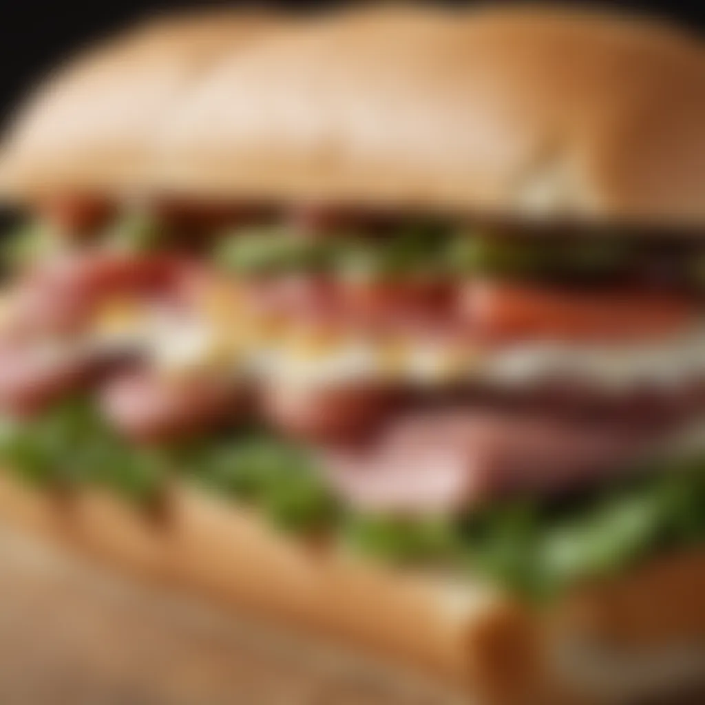 Close-up of a freshly made sub sandwich ready for pickup.