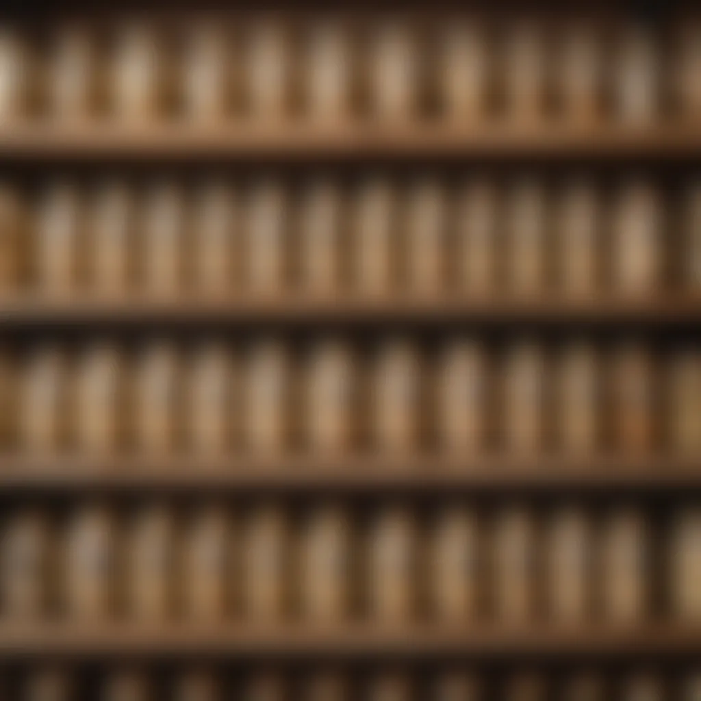 Diverse tahini jars on a wooden shelf