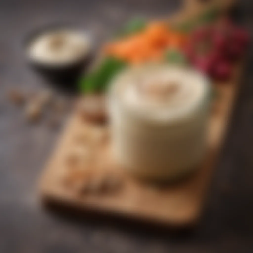 Close-up of tahini spread on a wooden board with ingredients