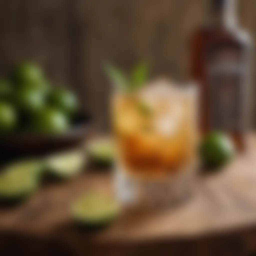 An elegant glass filled with Whiskey Ginger Lime cocktail on a rustic wooden surface