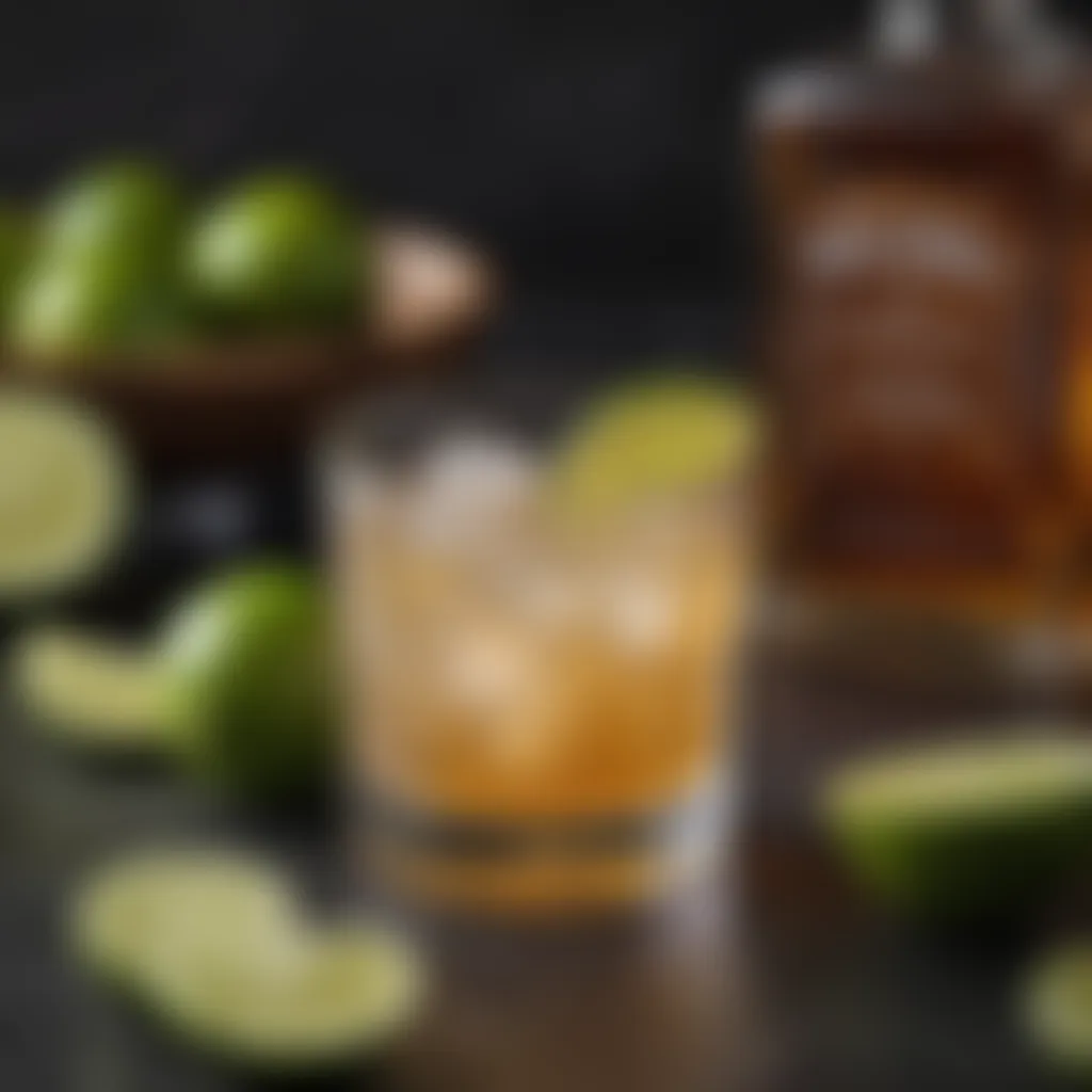 A close-up of fresh ingredients used in a Whiskey Ginger Lime cocktail, showcasing limes and ginger