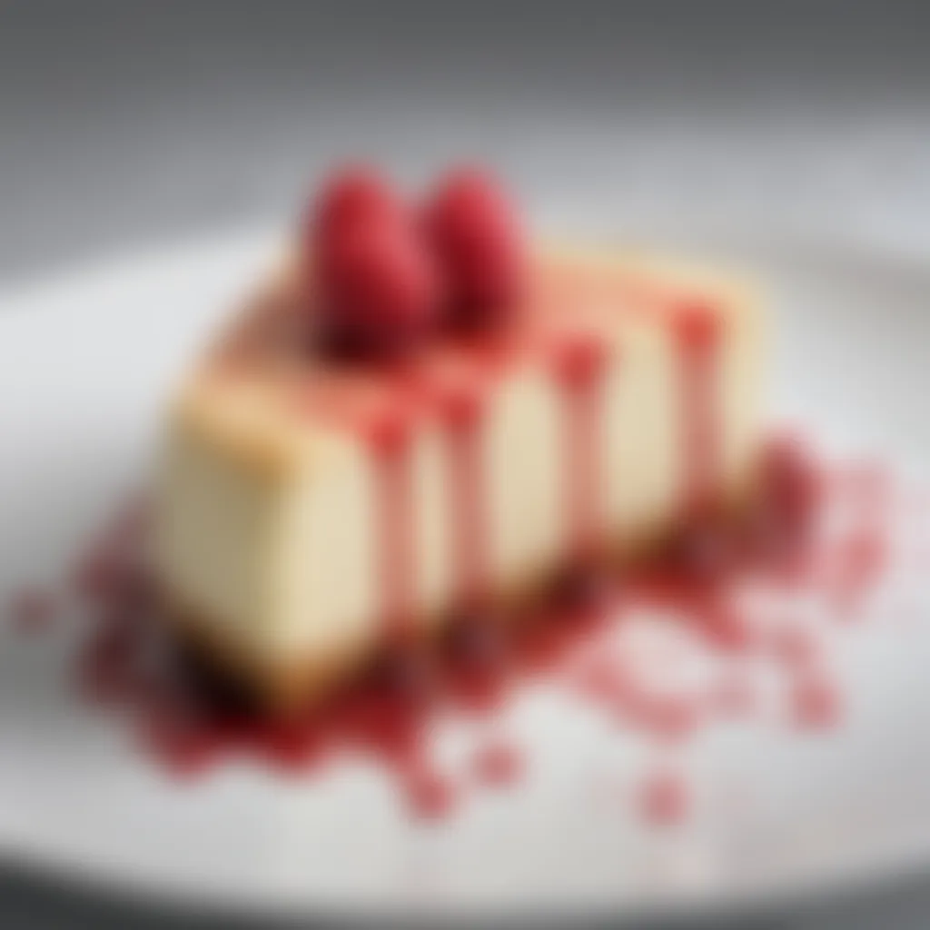 A luscious slice of white chocolate cheesecake adorned with raspberry coulis.