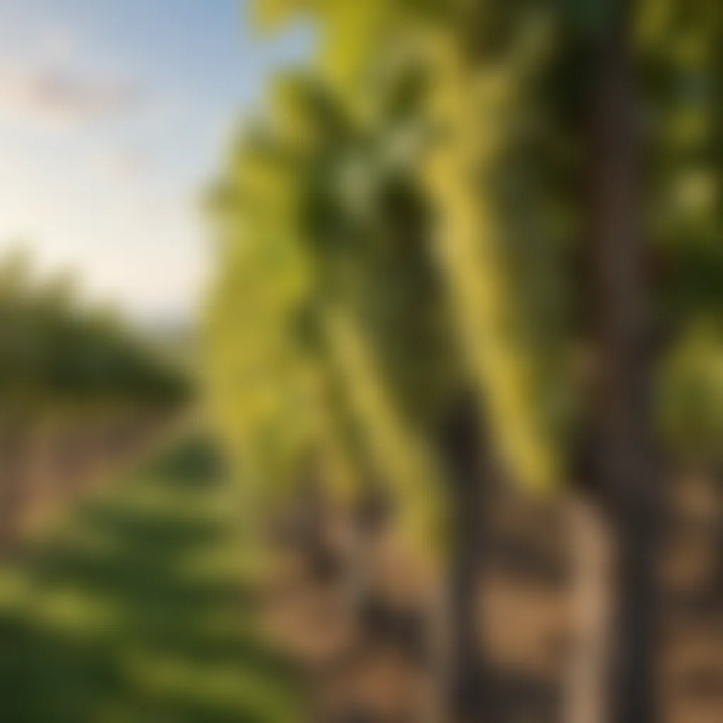 A picturesque vineyard showcasing rows of grapevines under a bright sky