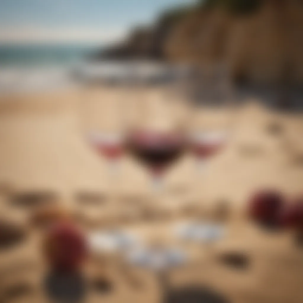 Stylish beach wine glasses set against a sandy backdrop